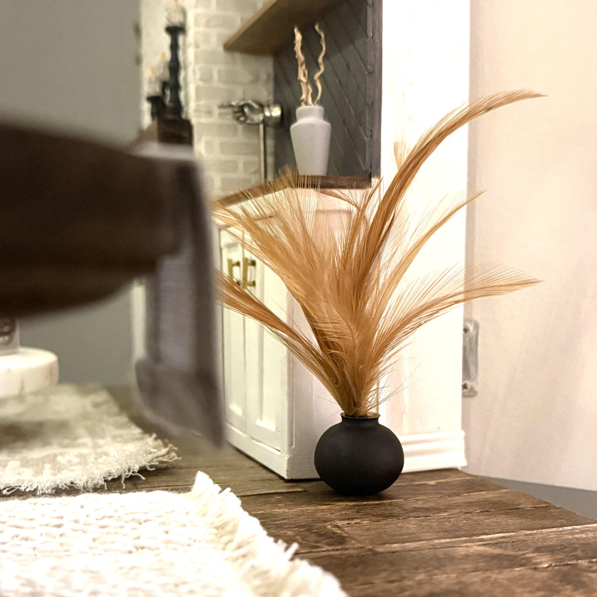 1:12 Scale Matte Black Miniature Vase | Gold Rim | Modern Dollhouse Decor