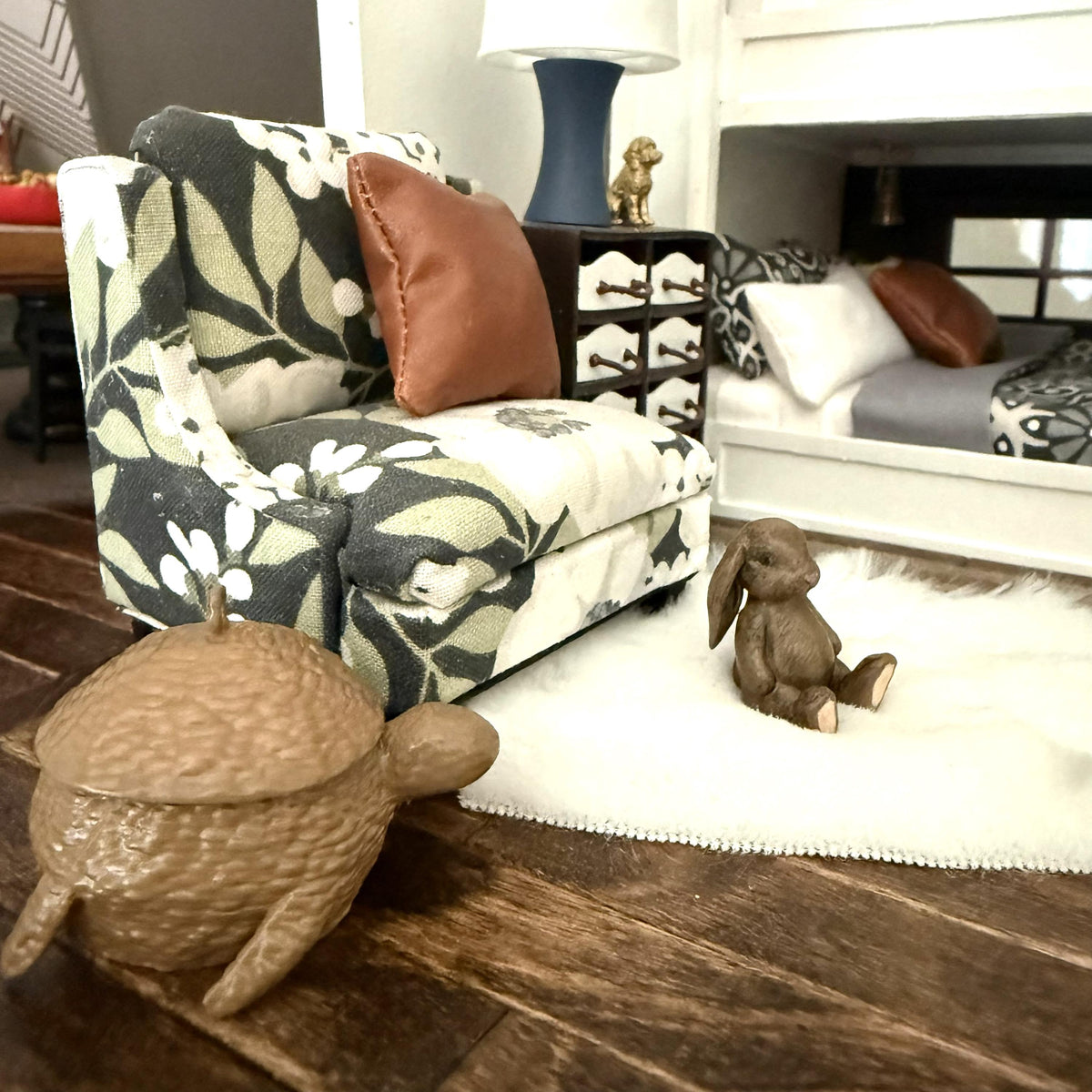 1:12 Scale Miniature Sea Turtle Basket | Woven Storage Basket | Modern Dollhouse Decor | Coastal Living Room Accent
