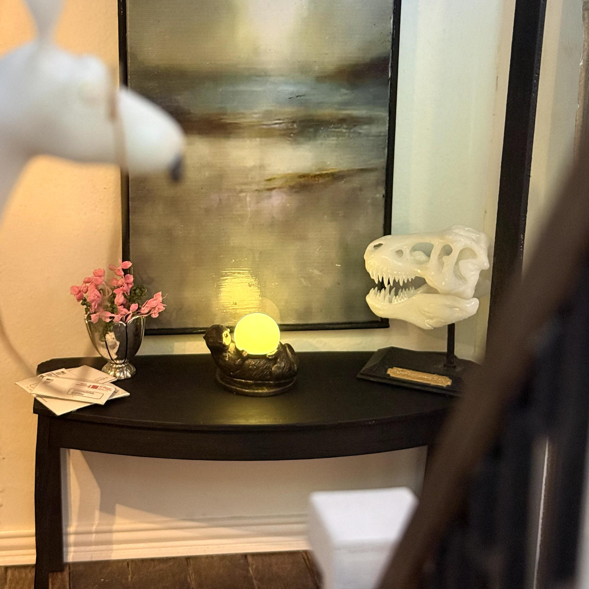 1:12 Scale Miniature Otter Lamp | Working LED Light | Dollhouse Sculpture | Magnetic Toggle | Bronze Finish