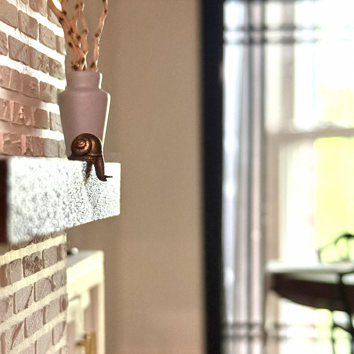1:12 Scale Miniature Snail Figurine | Shelf Edge Perch | Dollhouse Shelf Decor | Antiqued Bronze Sculpture