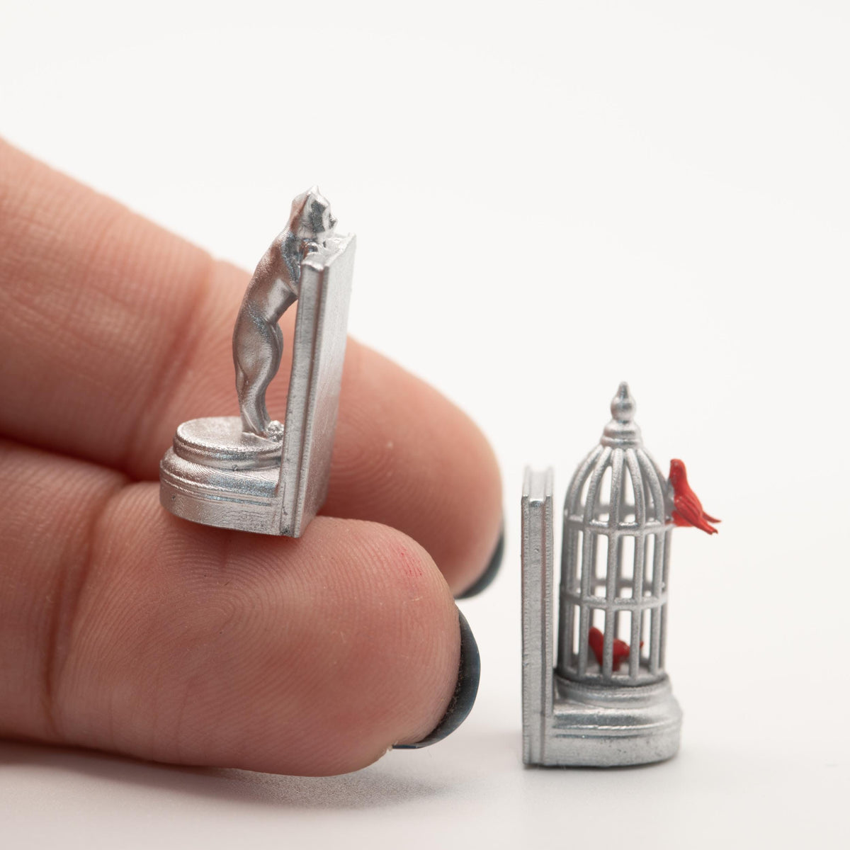 1:12 Scale Miniature Cat and Birdcage Bookends | Dollhouse Library Decor | Silver Bookend Set | Miniature Shelf Decor