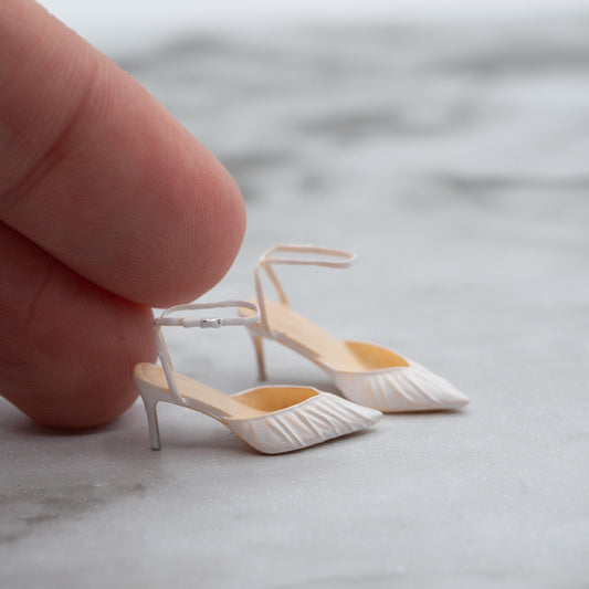 Miniature Ankle Strap Heels | 1:12 Scale | Ivory Ruched Pumps | Dollhouse Shoes with Shoebox