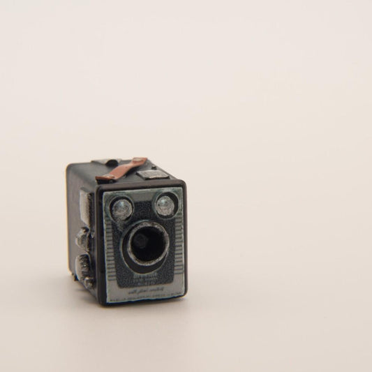 1:12 Scale Miniature Kodak Brownie Camera | Vintage Bookshelf Decor, Copper Strap