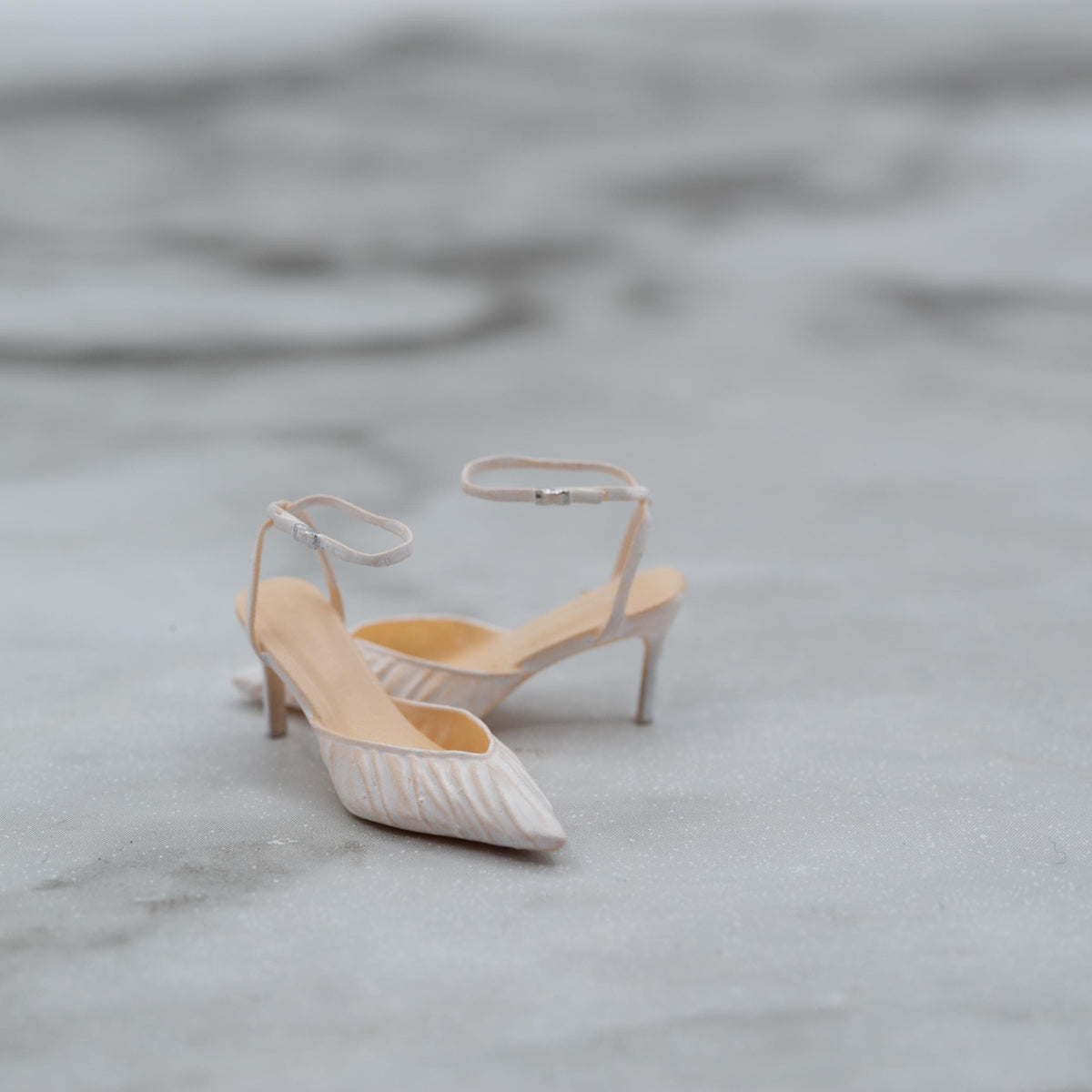Miniature Ankle Strap Heels | 1:12 Scale | Ivory Ruched Pumps | Dollhouse Shoes with Shoebox