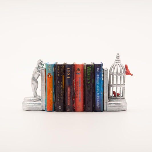 1:12 Scale Miniature Cat and Birdcage Bookends | Dollhouse Library Decor | Silver Bookend Set | Miniature Shelf Decor