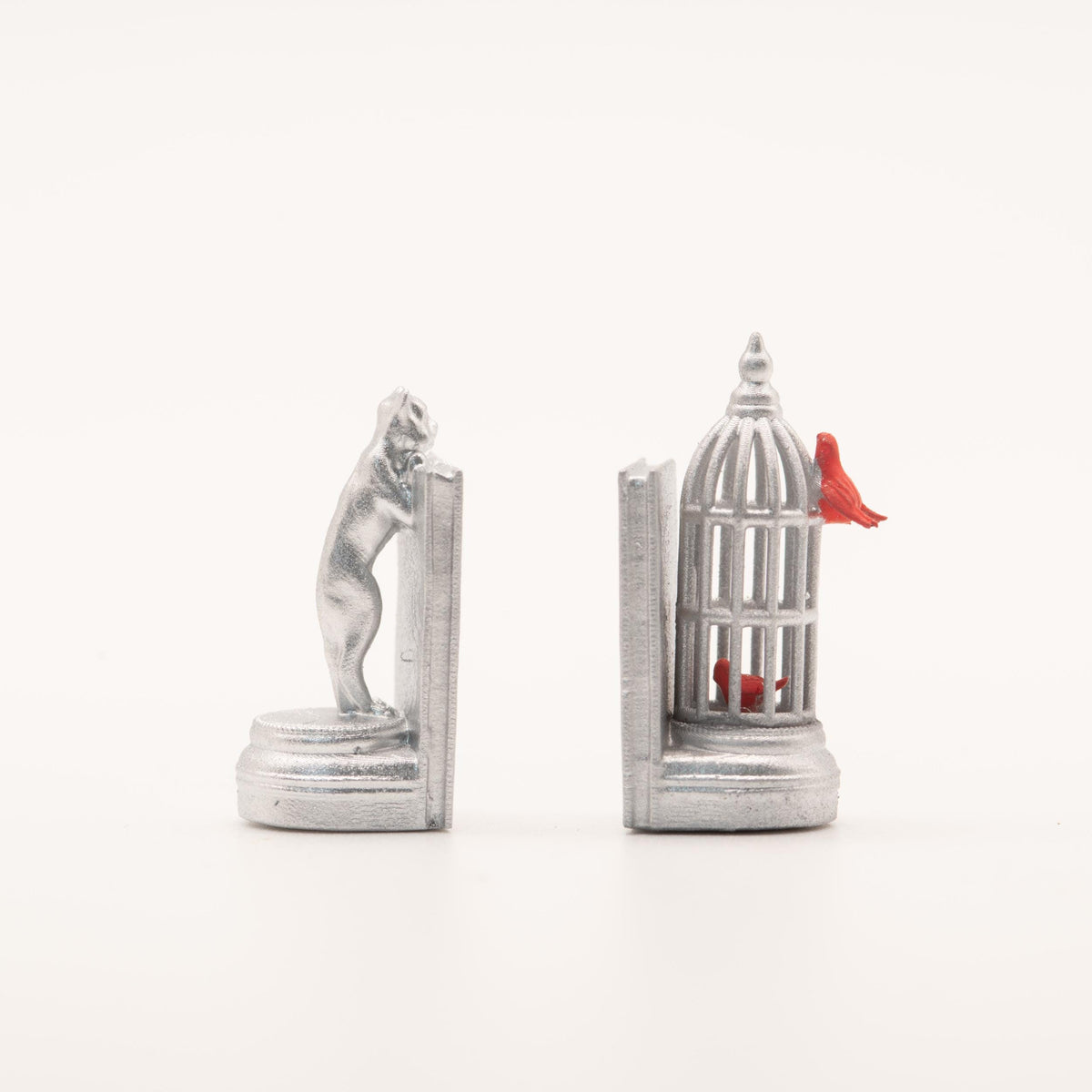 1:12 Scale Miniature Cat and Birdcage Bookends | Dollhouse Library Decor | Silver Bookend Set | Miniature Shelf Decor