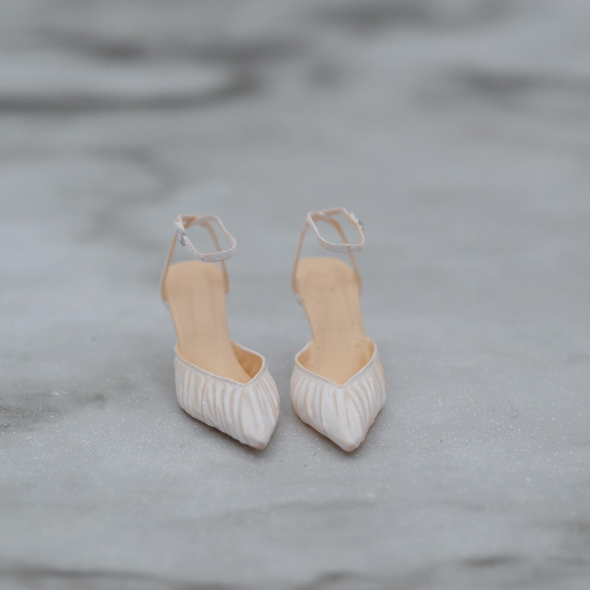 Miniature Ankle Strap Heels | 1:12 Scale | Ivory Ruched Pumps | Dollhouse Shoes with Shoebox
