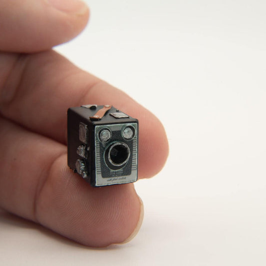 1:12 Scale Miniature Kodak Brownie Camera | Vintage Bookshelf Decor, Copper Strap