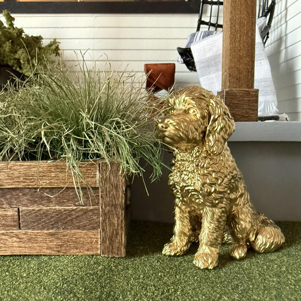 1:12 Scale Miniature Doodle Dog Figurine | Gold Dollhouse Statue | Dog Decor