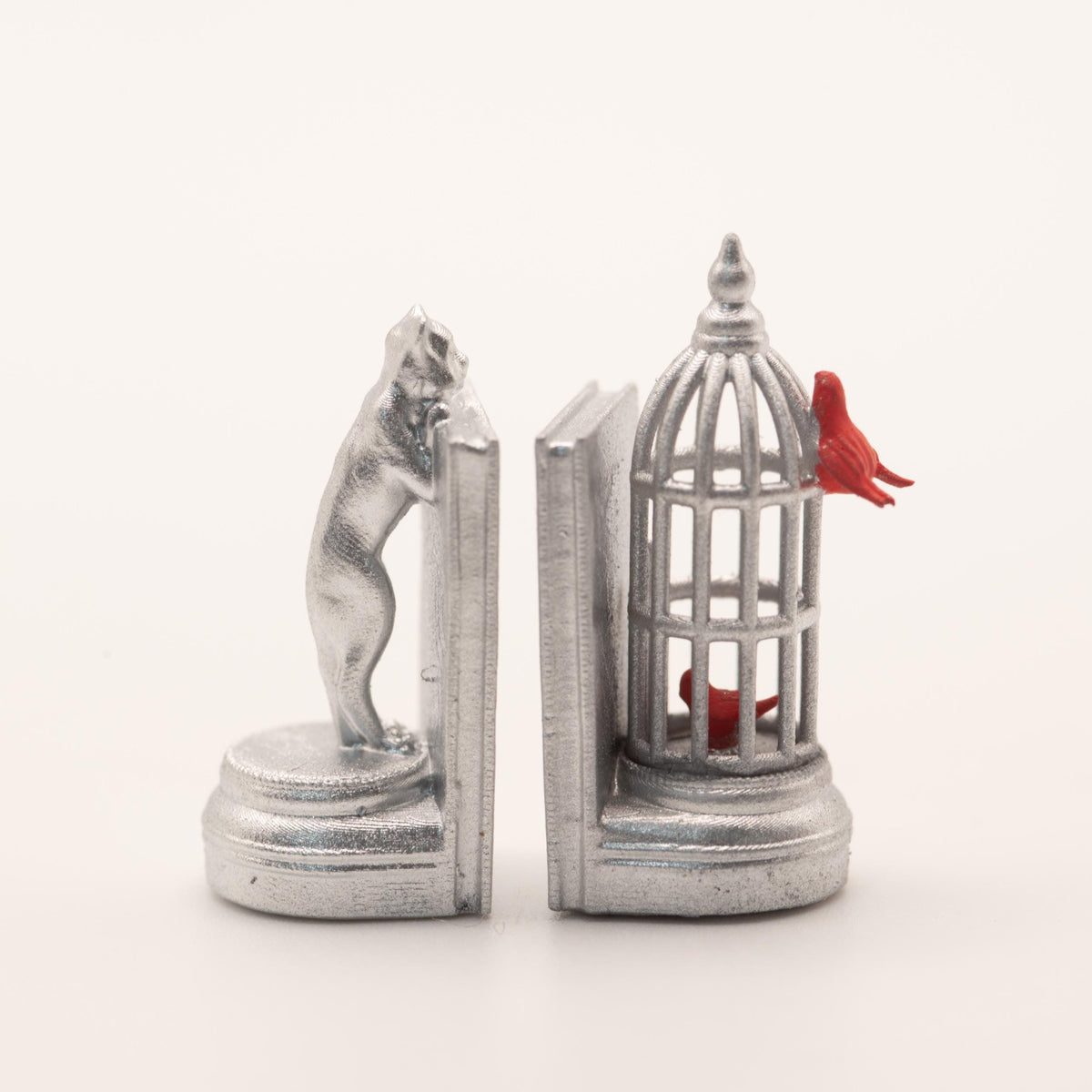 1:12 Scale Miniature Cat and Birdcage Bookends | Dollhouse Library Decor | Silver Bookend Set | Miniature Shelf Decor