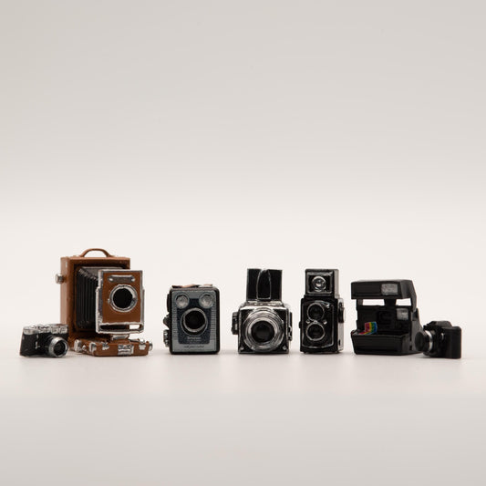 Miniature Camera Collection | 1:12 Scale | Complete 7-Piece Vintage Camera Set | Dollhouse Bookshelf Decor | Photography Gift