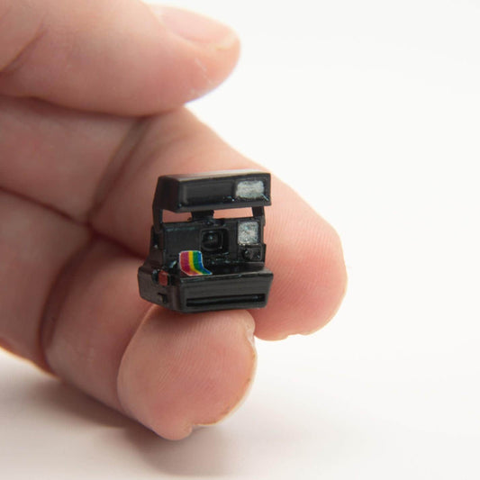 1:12 Scale Miniature Polaroid Camera | Dollhouse Vintage Decor, Rainbow Stripe Detail