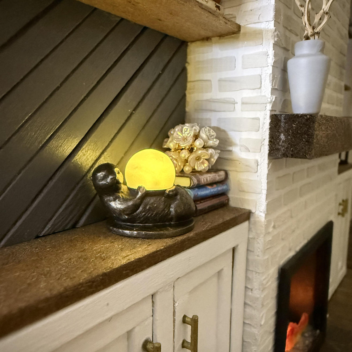 1:12 Scale Miniature Otter Lamp | Working LED Light | Dollhouse Sculpture | Magnetic Toggle | Bronze Finish
