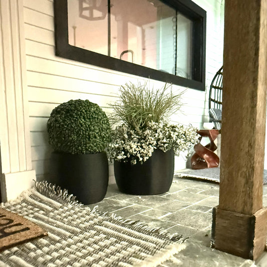 Miniature Ribbed Planter Set | 1:12 Scale Dollhouse Outdoor Porch Decor | Matte Black Vessel Pot