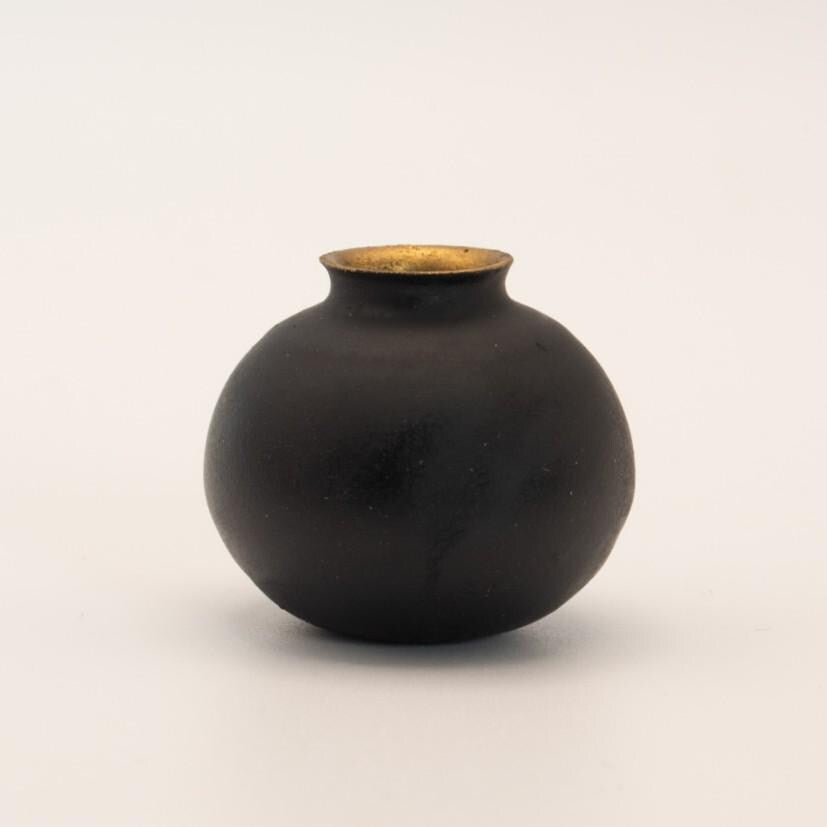 1:12 Scale Matte Black Miniature Vase | Gold Rim | Modern Dollhouse Decor