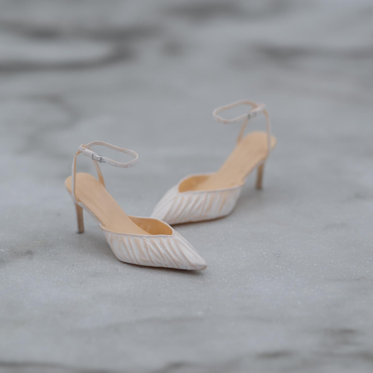 Miniature Ankle Strap Heels | 1:12 Scale | Ivory Ruched Pumps | Dollhouse Shoes with Shoebox