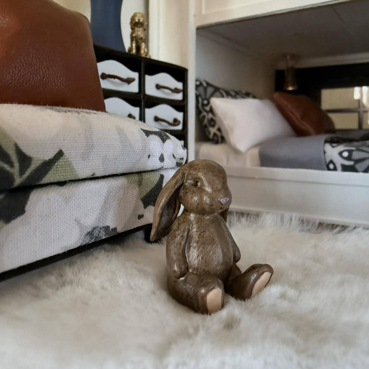 1:12 Scale Miniature Plush Bunny | Floppy Ear Dollhouse Stuffed Animal | Dollhouse Nursery Decor