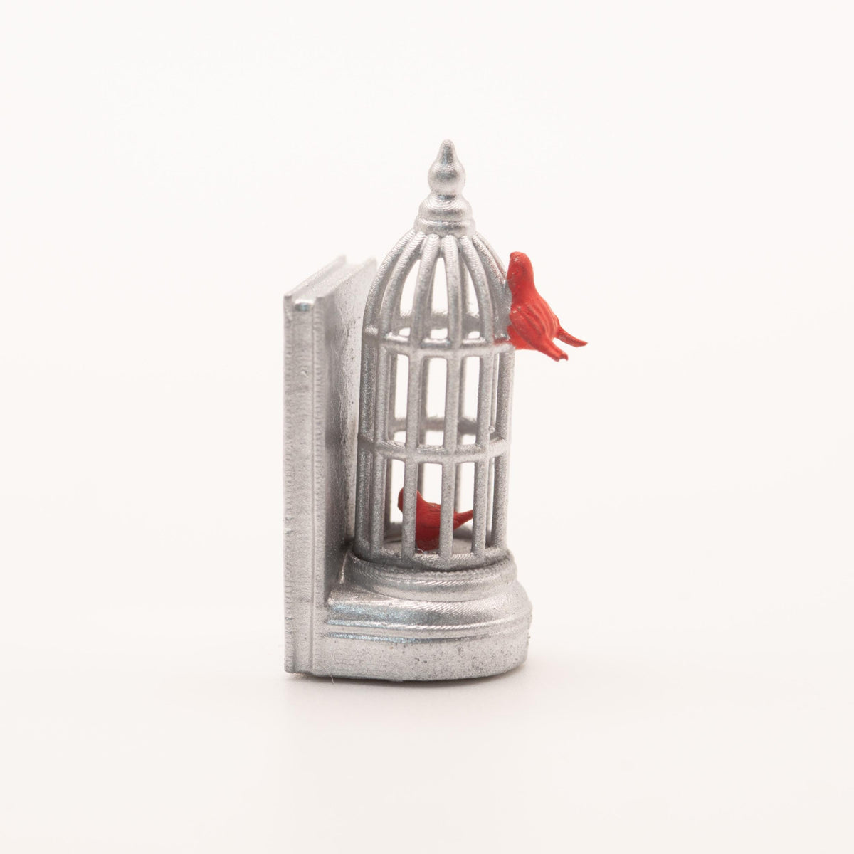 1:12 Scale Miniature Cat and Birdcage Bookends | Dollhouse Library Decor | Silver Bookend Set | Miniature Shelf Decor