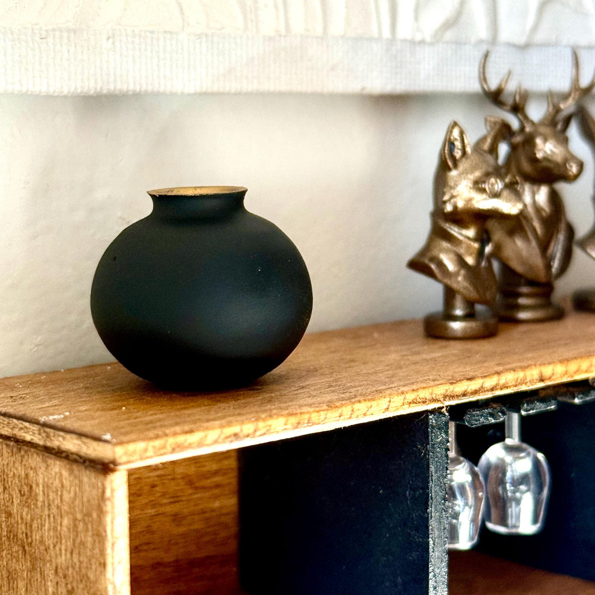 1:12 Scale Matte Black Miniature Vase | Gold Rim | Modern Dollhouse Decor