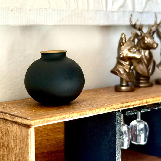 1:12 Scale Matte Black Miniature Vase | Gold Rim | Modern Dollhouse Decor