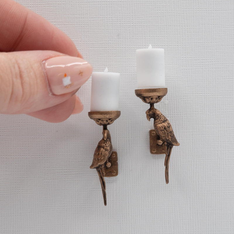 Miniature Parrot Wall Sconces | 1:12 Scale | Dollhouse Candle Holder Set