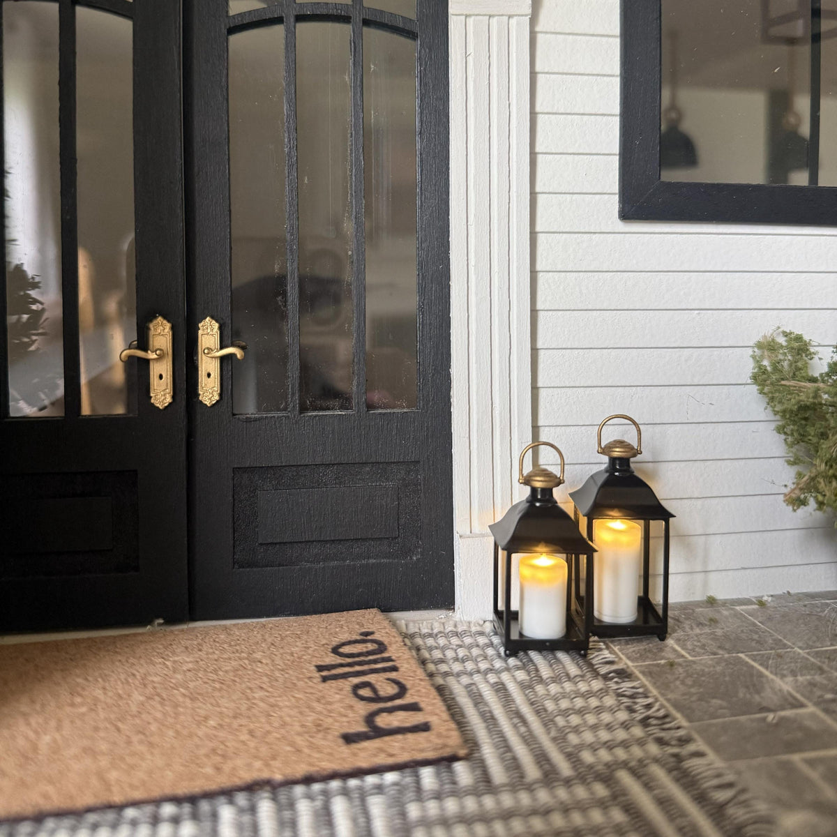 1:12 Scale Miniature Candle Lantern | Black and Gold Dollhouse Lantern | Porch and Interior Decor
