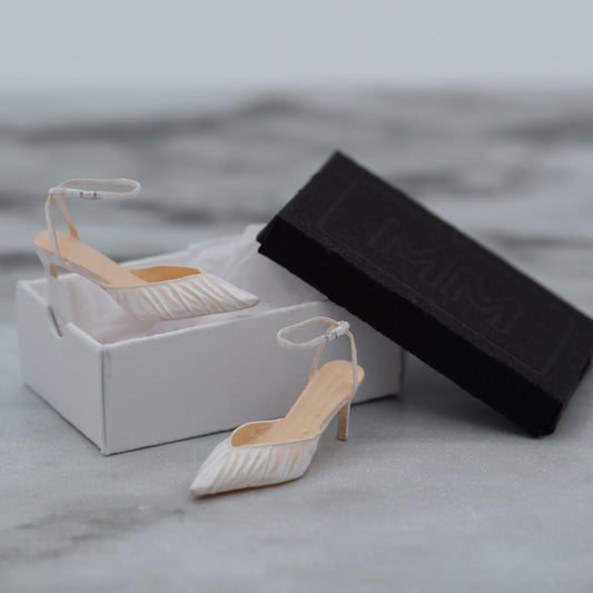 Miniature Ankle Strap Heels | 1:12 Scale | Ivory Ruched Pumps | Dollhouse Shoes with Shoebox